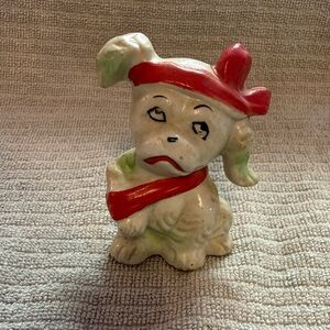 Vintage porcelain boo boo Dog with bandage Figurine with Red Accents. Japan